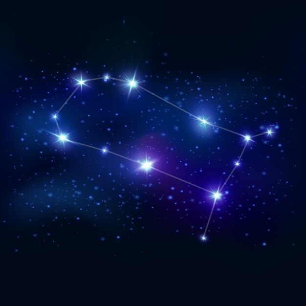 ジェミニのリアルな黄道帯のシンボルで、青い輝きの星と宇宙の接続線