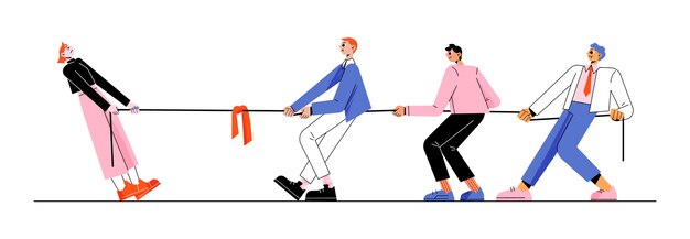 Gender rivalry men team tug of war with woman