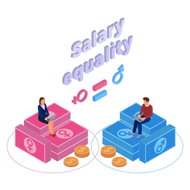 Free vector gender and salary equality isometric concept with man and woman sitting on banknote stacks of equal size 3d vector illustration