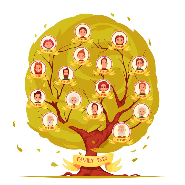 Genealogical tree set of family members from elderly persons to young generation illustration