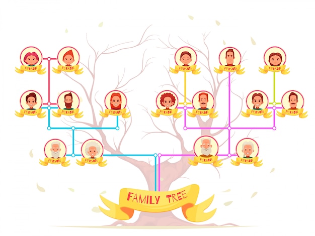 Genealogical tree set of family members from elderly persons to young generation illustration