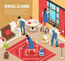 Free vector general house cleaning service isometric composition with professional team using industrial vacuum-cleaners quality squeegee vector illustration