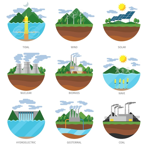 Generation energy types. power plant icons vector set. renewable alternative, solar and tidal, wind and geotermal, biomass and wave illustration