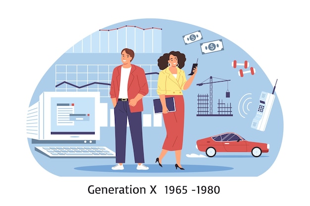 Vettore gratuito composizione della generazione x con personaggi in stile doodle di uomo e donna stock grafici prima illustrazione vettoriale del computer cellulare