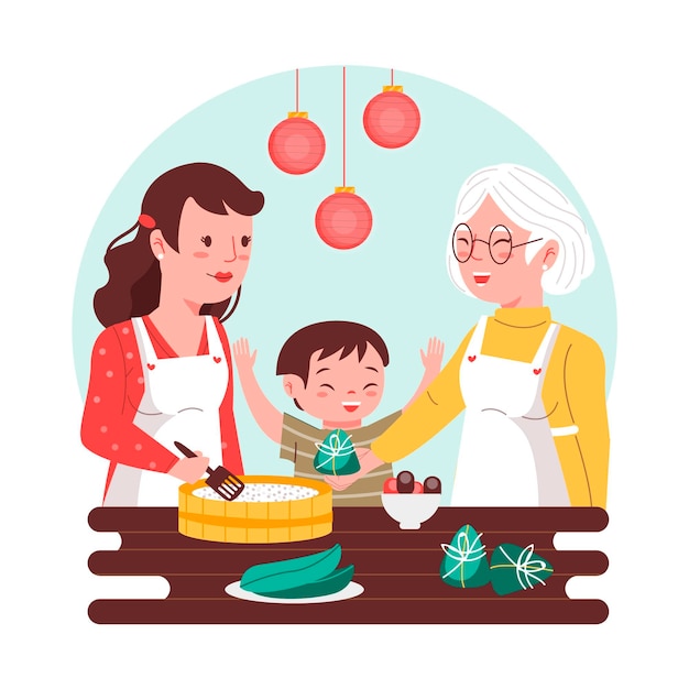 Бесплатное векторное изображение Поколения семьи готовить цзунцзы