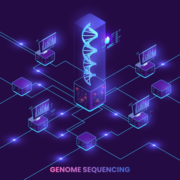 ゲノム研究シンボルベクトルイラストと遺伝子工学等角投影