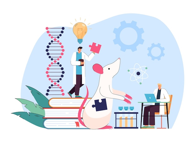 Genetic laboratory research and experiment of tiny scientists. people testing dna modifications, holding puzzle in hands flat vector illustration. biotechnology, genetically modified animals concept