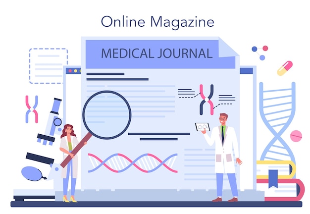 Geneticist online service or platform medicine and science technology scientist work with molecule structure online magazine vector flat illustration