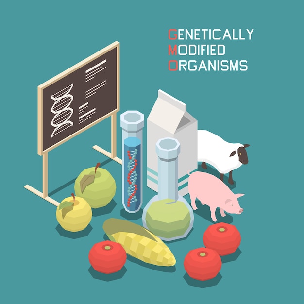 Free vector genetics isometric concept with genetically modified food and animals 3d illustration