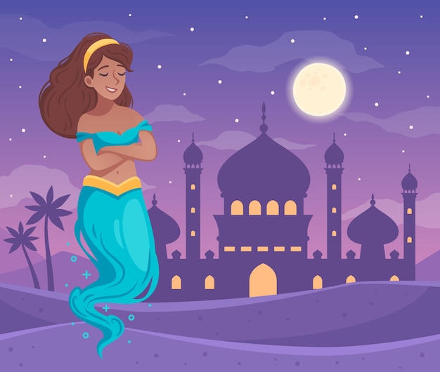 Free vector genie character  with arabic night symbols cartoon