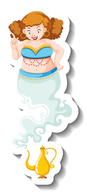 Free vector genie lady coming out of magic lamp cartoon character sticker