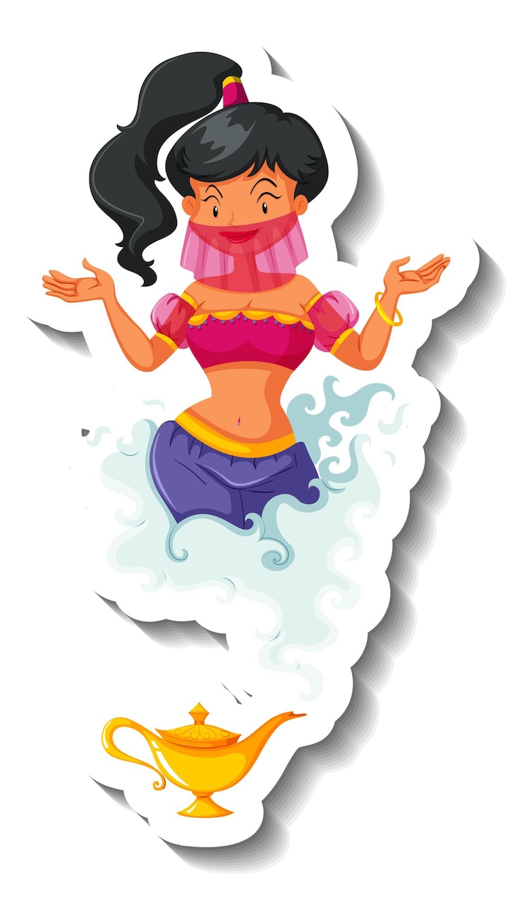 Free Vector genie lady coming out of magic lamp cartoon character sticker