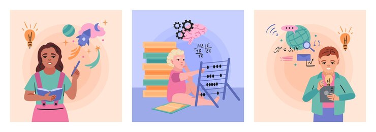 Free Vector genius prodigy flat set of isolated square compositions showing baby and teenagers beyond digits and gears vector illustration