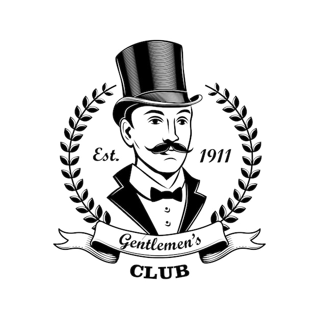 Illustrazione vettoriale di signori club emblema. uomo in fumo e cappello a cilindro, cornice corona di alloro. concetto di bar, pub o negozio per modelli di etichette o badge