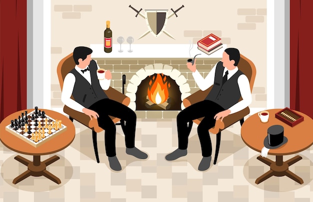 Free vector gentlemen at fireplace composition