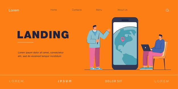 Geography teacher or manager and man with laptop. Person holding pointer near huge phone with location pin flat vector illustration. Online education, logistics concept for banner, website design