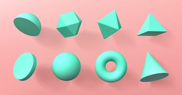 Геометрические 3d формы полусферы, октаэдра, сферы и тора, конуса, цилиндра и пирамиды