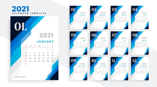 기하학적 블루 새해 2021 달력 디자인 서식 파일