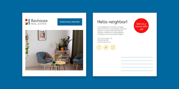 Free vector geometric colorful bauhouse real estate postcard