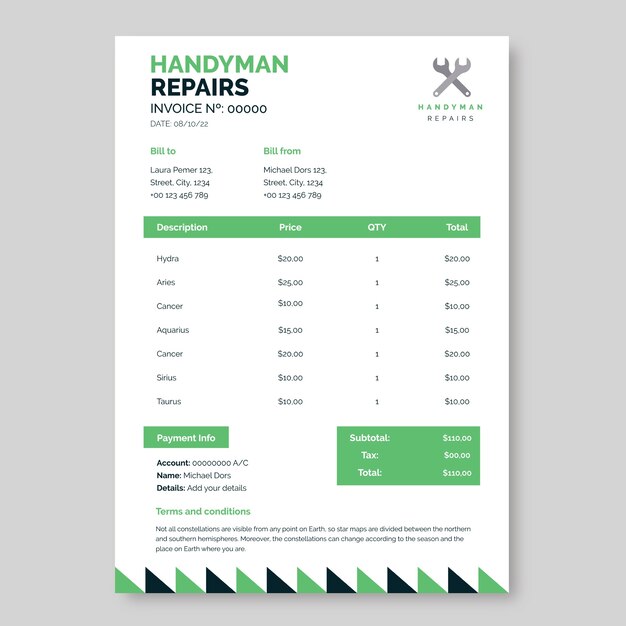 Geometric handyman repairs invoice