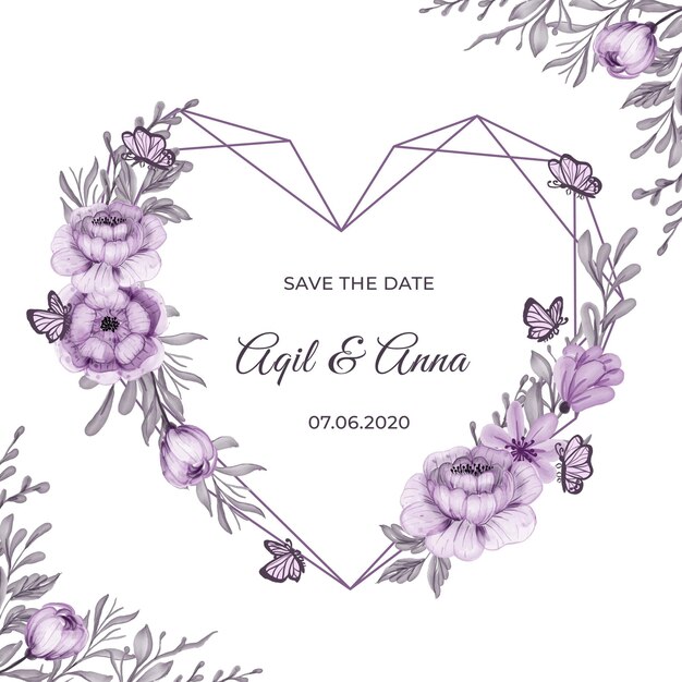 Geometric love shape with beautiful purple flower frame