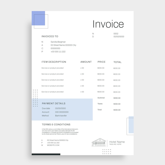 Vettore gratuito fattura alberghiera minimalista geometrica