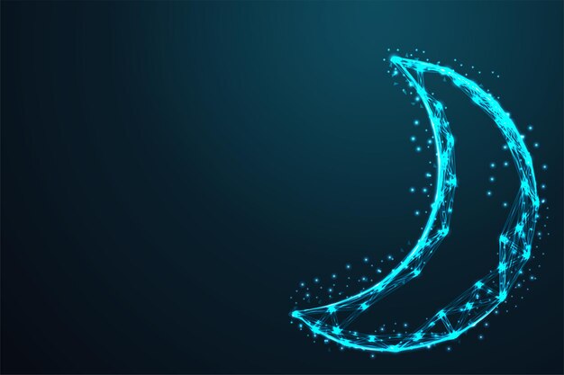 Geometric moon and night sky Abstract wire low poly Polygonal wire frame mesh looks like constellation on dark blue night sky with dots and stars illustration and background