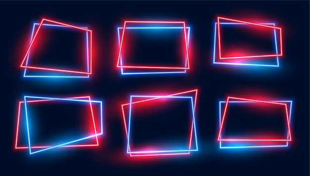 Geometric rectangular neon frames set in red and blue colors