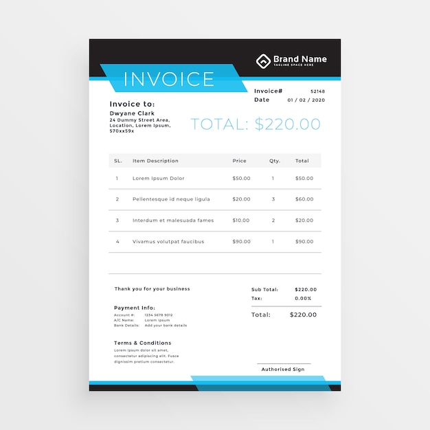 Free vector geometric style invoice template design in blue shade