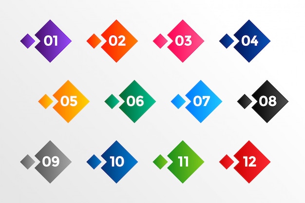 Punti elenco numeri in stile geometrico in molti colori