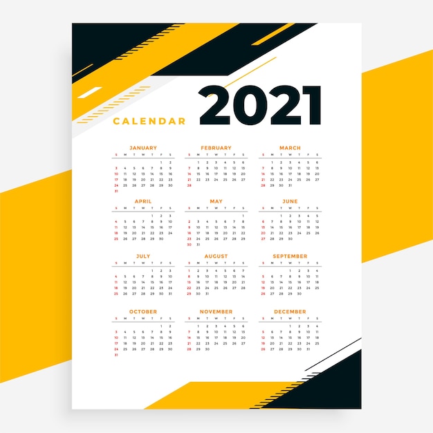 Modello di progettazione gialla del calendario 2021 professionale di stile geometrico