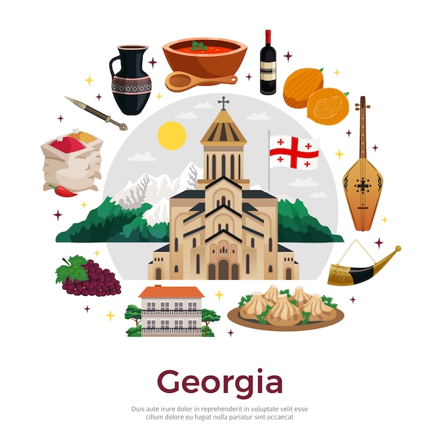 Бесплатное векторное изображение Грузия для туристов плоская круглая композиция с горными достопримечательностями музыкальные инструменты вино специи блюда