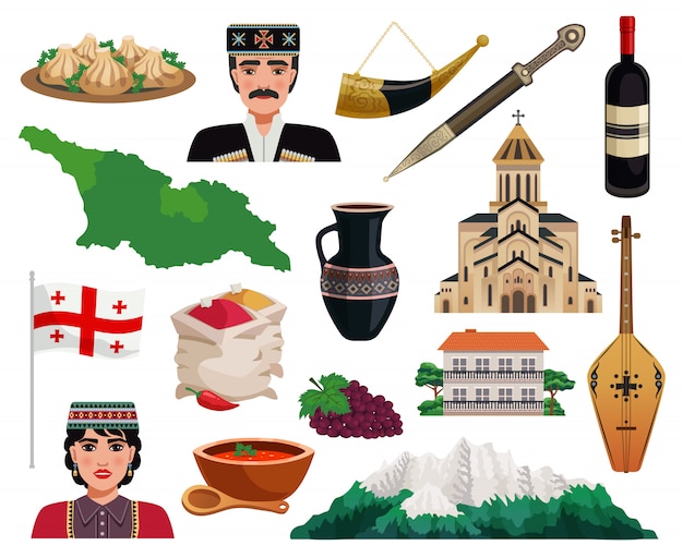 Free vector georgia tourism flat icons set with country map flag monuments landmarks national cuisine dishes isolated