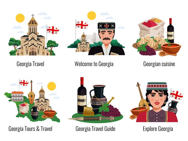 Georgian culture symbols cuisine traditions landmarks sightseeing tourists travel guide 6 flat compositions set isolated