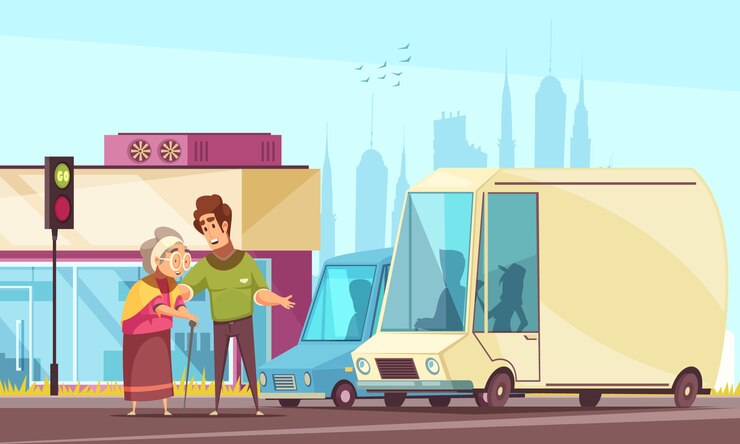 Free Vector geriatric social workers helping elderly people outdoor flat cartoon  with pedestrian crossing road assistance