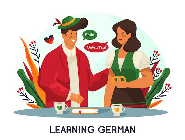독일인은 말하고, 대화를 나누거나 독일어를 배웁니다. 교사 또는 교사와의 수업, 의사 소통. 벡터 배너 또는 배경입니다. 전통과 문화 연구. 교육 테마입니다.