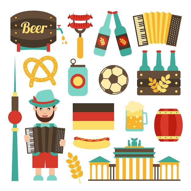 Germany travel tourist attractions food and beer icons set isolated vector illustration