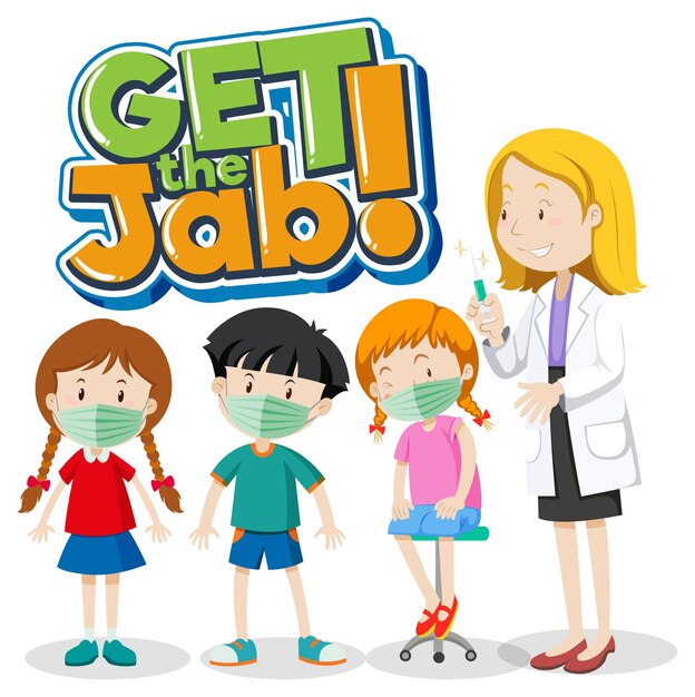 Get the Jab font banner with doctor and many kids cartoon character
