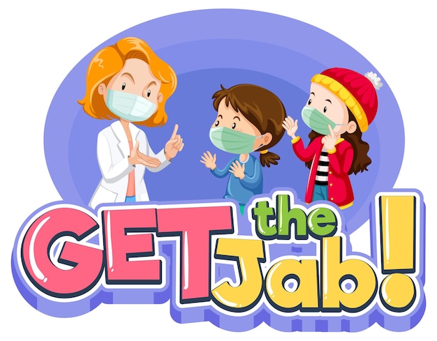 Get the Jab font banner with a doctor and patient kids cartoon character