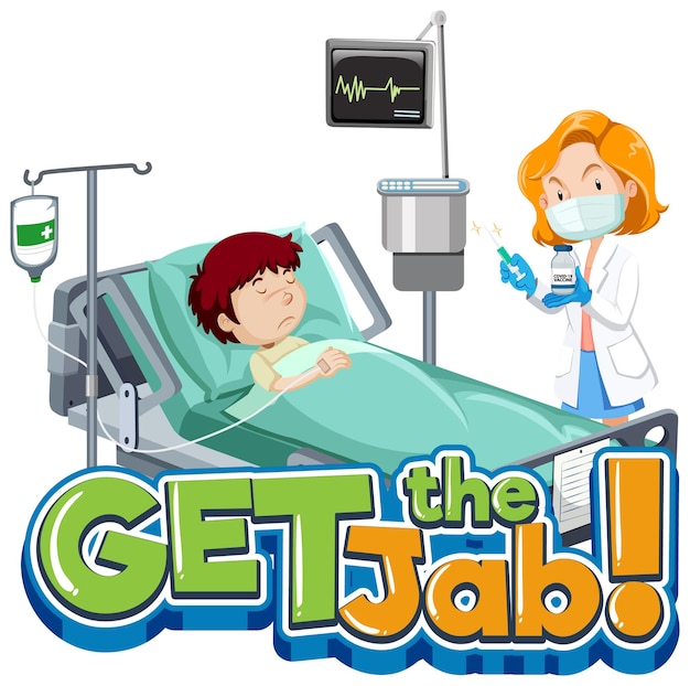 Get the jab font banner with patient and doctor cartoon character