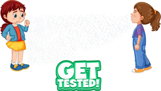 Free vector get tested font in cartoon style with a girl look at her friend sneezing isolated on white background