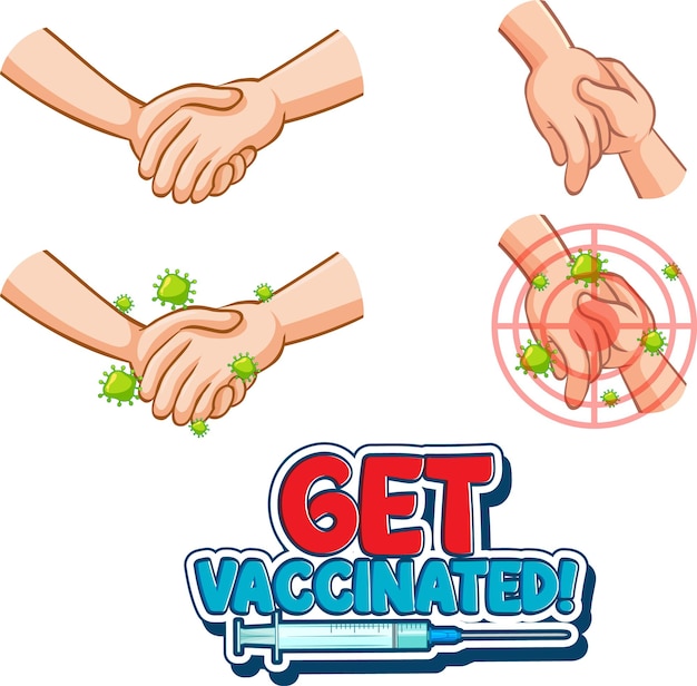 Free vector get vaccinated font in cartoon style with hands holding together