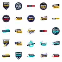 Free vector get your customers watching with our pack of 25 watch now banners