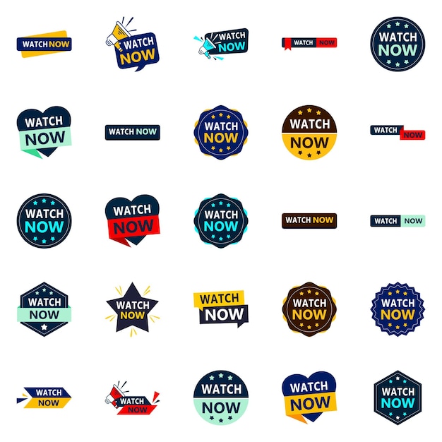 Free vector get your customers watching with our pack of 25 watch now banners