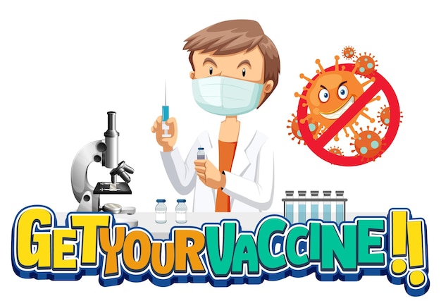 Get Your Vaccine font banner with a doctor cartoon character