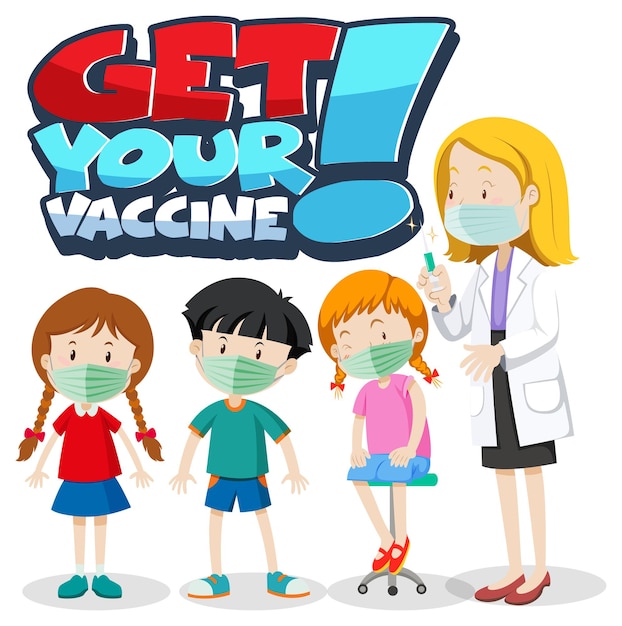 Баннер шрифта Get Your Vaccine с мультипликационным персонажем для детей и врачей