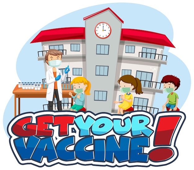 Vaccine Font Banner with Kids Waiting in Queue for Covid-19 Vaccine – Free Vector Download