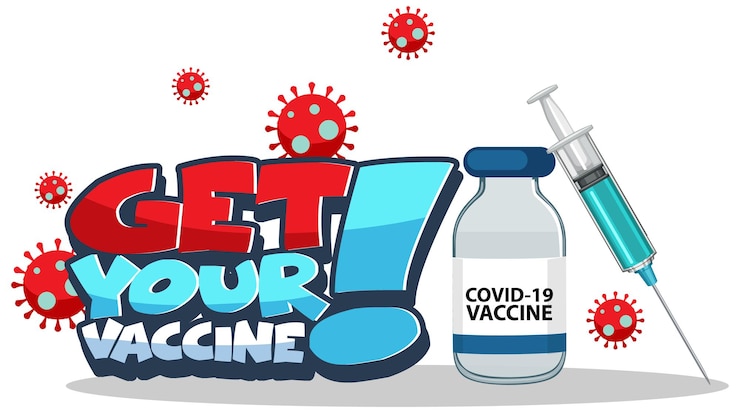 Free Vector get your vaccine font banner with syringe and covid-19 vaccine