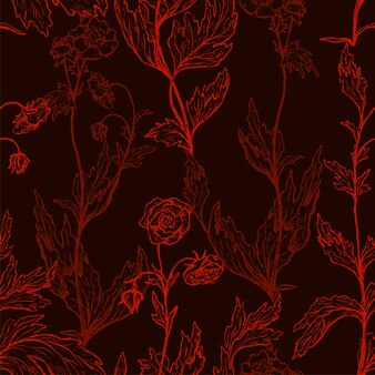 금 라이벌 꽃, 야생 식물 장식 장식품. 손으로 그린된 벡터 완벽 한 패턴입니다. 배경, 포장, 섬유, 벽지용 꽃무늬 디자인.