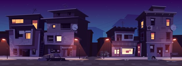 夜のゲットー通り スラム街は光る窓のある廃墟となった古い建物を台無しにしました 老朽化した住居は 街灯 車体 散乱ごみ漫画のベクトル図で道端に立っています 無料のベクター
